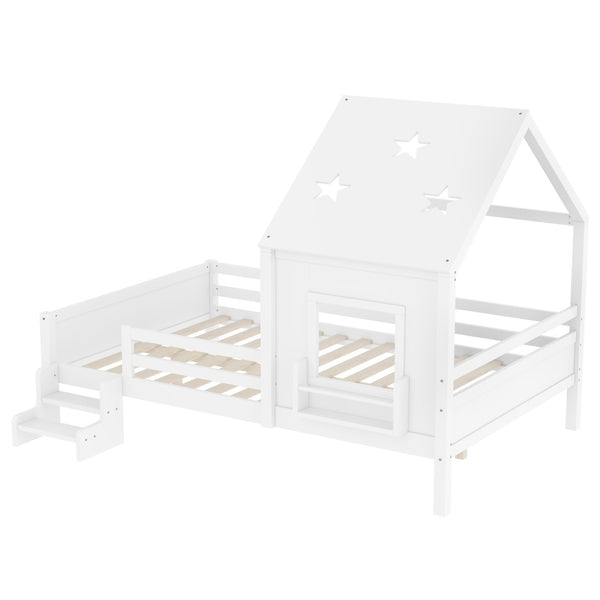 English Elm Full Bunk Bed with Trundle Bookshelf Storage Pine Frame Car Design for Kids Light White W1580S00295