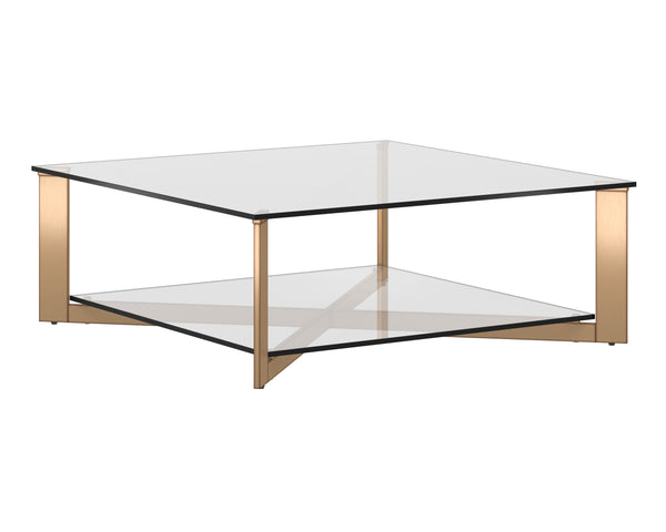 Sunpan Xavier Coffee Table - Modern Tempered Glass with Antique Brass Frame, Perfect for Stylish Decor Square - 43.25W x 43.25D x 16H