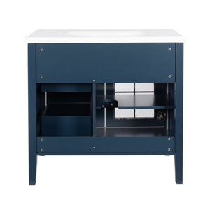 English Elm 35.6" Freestanding Bathroom Vanity with Roman Column Base and Ceramic Integrated Sink Blue W1801S00012