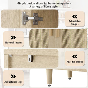 English Elm 70" Rattan Buffet Cabinet with Stylish Woven Doors, 4-Door Sideboard with Adjustable Shelves, Sturdy MDF Frame and Solid Wood Legs Natural W757P279742