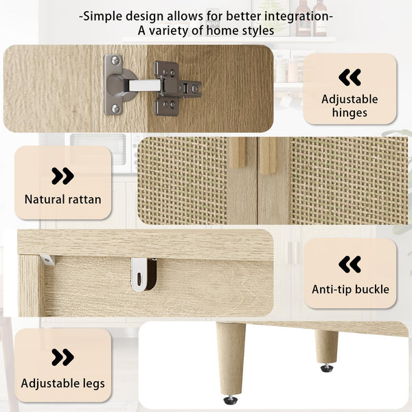 English Elm 70" Rattan Buffet Cabinet with Stylish Woven Doors, 4-Door Sideboard with Adjustable Shelves, Sturdy MDF Frame and Solid Wood Legs Natural W757P279742