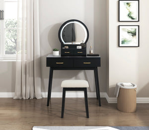 English Elm Beautiful LED Vanity Dresser with Touch Mirror and Padded Stool, Luxe Wood Finish, Brass Pulls, Storage Black 33.75 L x 21.75 W x 13.25 H B011P347325