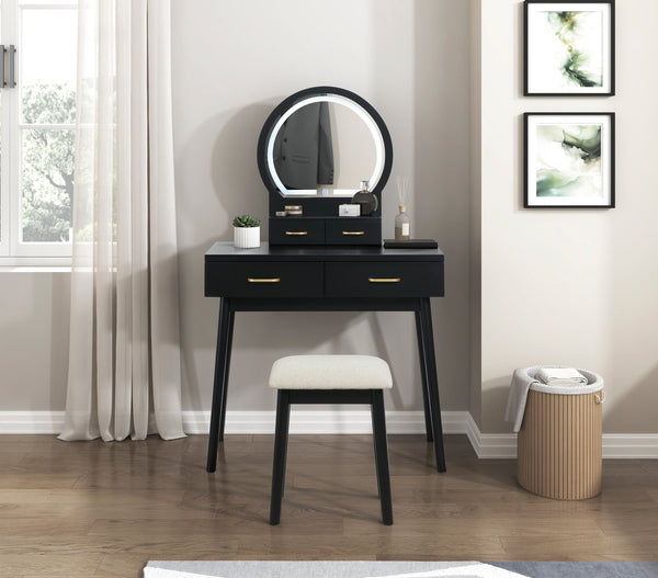 English Elm Beautiful LED Vanity Dresser with Touch Mirror and Padded Stool, Luxe Wood Finish, Brass Pulls, Storage Black 33.75 L x 21.75 W x 13.25 H B011P347325