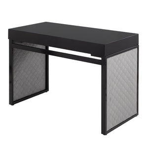 English Elm Upholstered Writing Desk with Silver Velvet Panels Black Steel Base and Dark Wood Top B202P471627