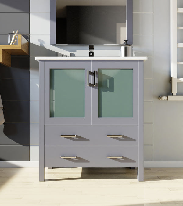 English Elm Dark Grey Bath Vanity Set With White Ceramic Top, Chrome Faucet & Matching 28" Mirror For Style & Storage B2731S01286