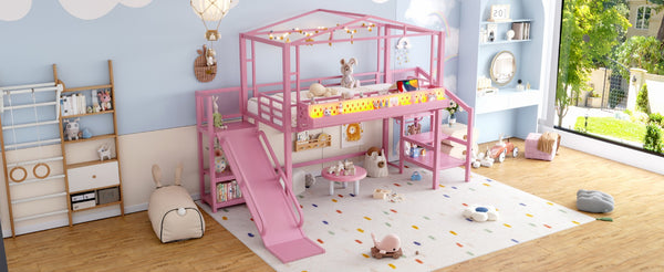 English Elm Twin Metal Loft Bed with Built-in Wardrobe Storage Stairs Led Lights and Usb Ports W5316S00046