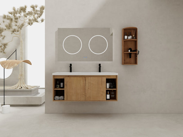 English Elm 48" Wall-Mounted Bathroom Vanity With Double Sink, Storage Rack & Soft Close Doors For Modern Spaces W999S00347