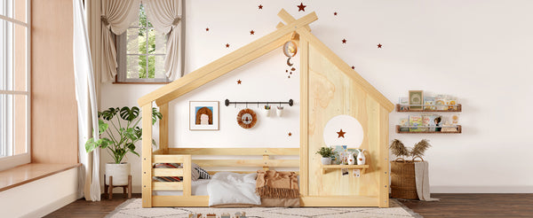 English Elm Twin House Floor Bed with Window & Shelf, Solid Wood Pitched Roof Design for Safe Cozy Sleep Natural W1580P362691