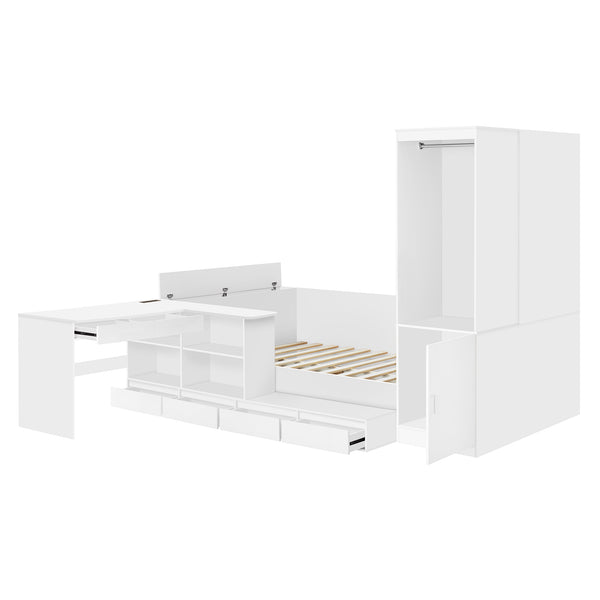 English Elm Full Size Wooden Platform Bed With Integrated Desk, 6 Drawers, Wardrobe & Modern Shelves, White Finish N820S00060K