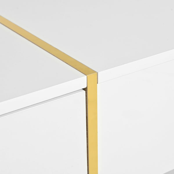 English Elm ON-TREND 47.2" x 31.4" High-Gloss Minimalist Coffee Table with 2 Drawers, Golden Wood-Grain Legs, Modern Centerpiece for Living Room White N721P180693K