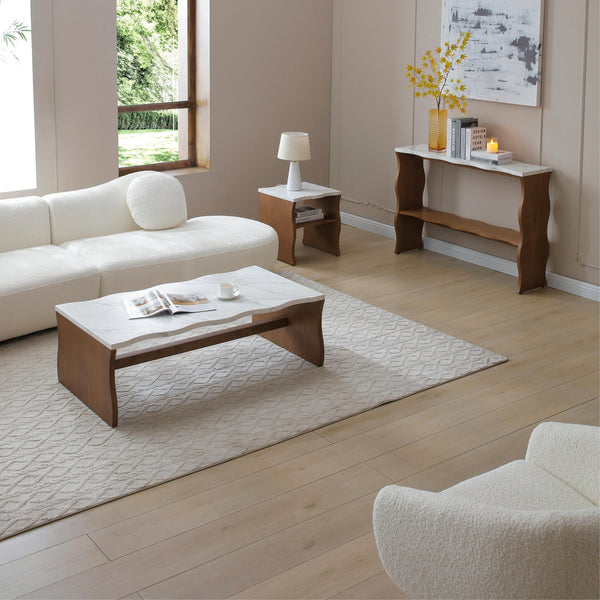 English Elm 47.24" Whisper Of Waves Modern Coffee Table – Elegant White Faux Marble & Walnut Base For Any Space W2664P346445