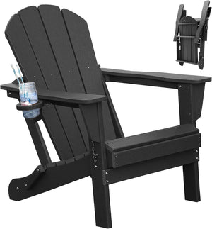 English Elm Adirondack Hdpe Folding Chair Set Outdoor Patio Fire Pit Seating with Cup Holder Black W1859P453284