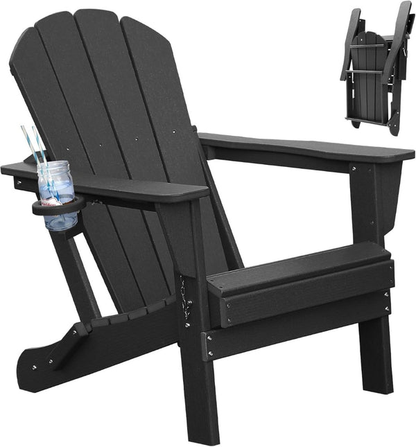 English Elm Adirondack Hdpe Folding Chair Set Outdoor Patio Fire Pit Seating with Cup Holder Black W1859P453284