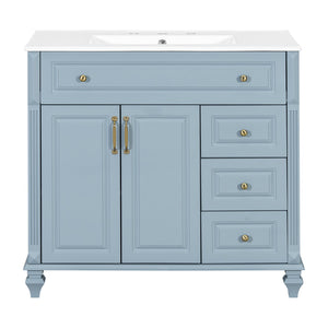 English Elm 36" Bathroom Vanity - Modern Blue Grey Solid Wood Cabinet With Elegant Gold Handles & Ample Storage N725P356069E