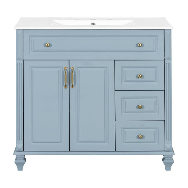English Elm 36" Bathroom Vanity - Modern Blue Grey Solid Wood Cabinet With Elegant Gold Handles & Ample Storage N725P356069E