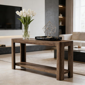 English Elm Practical Geometric Console Table with Matte Black Wood Grain Finish for Entryway or Sofa T3971P450538