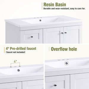 English Elm 36 Inch Shaker Bathroom Vanity with Resin Sink Four Soft Close Drawers Mdf Cabinet White N729P000028K