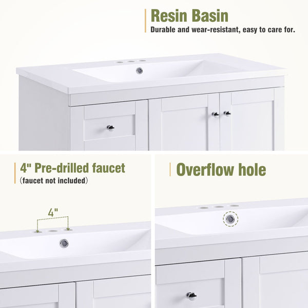 English Elm 36 Inch Shaker Bathroom Vanity with Resin Sink Four Soft Close Drawers Mdf Cabinet White N729P000028K