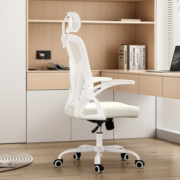 English Elm Ergonomic High Back Mesh Desk Chair with Flip up Arms and Adjustable Lumbar Support Beige,White T3623P434264