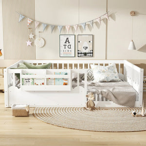 English Elm Queen Low Profile Kids Floor Bed with Guardrails Bookshelf and Pine Wood Frame White W1580P373142