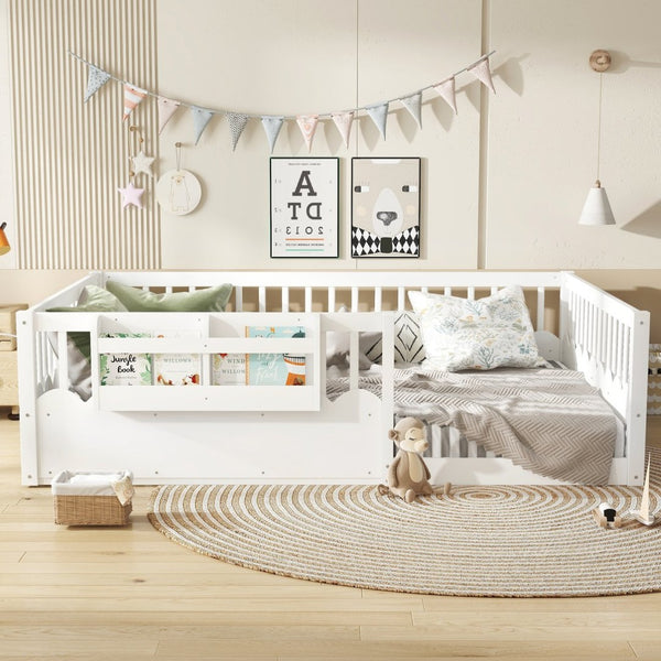 English Elm Queen Low Profile Kids Floor Bed with Guardrails Bookshelf and Pine Wood Frame White W1580P373142