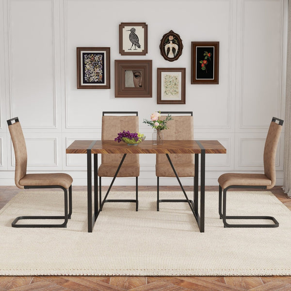 English Elm Table Retro Dining Set With Fishbone Mdf Top & 4 Brown Fabric Chairs - Modern, Stylish, Durable W1151S03140-GIGA