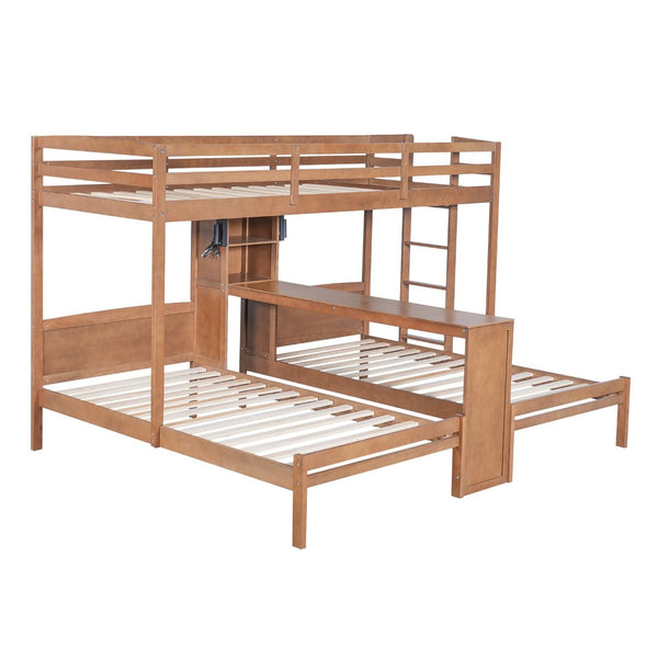 English Elm Twin Triple Bunk Bed with Built in Desk Open Shelving and Led Task Lighting Natural N7090002243N
