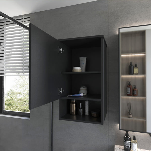 English Elm Carrizo Recessed Medicine Cabinet in Black Melamine with One Door, 2 Shelves + Open Bottom Shelf, 28.6"x16.2"x13.9" B128P237146