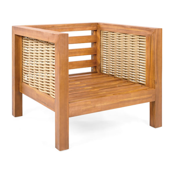 English Elm Acacia Wood Outdoor Lounge Chair with Wicker Arms Teak Finish Patio Seating N779P359686B