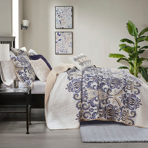 JLA Home Madison Park - 6 Reversible Paisley Quilt Set with 5 Accents — Navy, Blue, Beige Palette, Quilted, Machine-Washable MP13-1521
