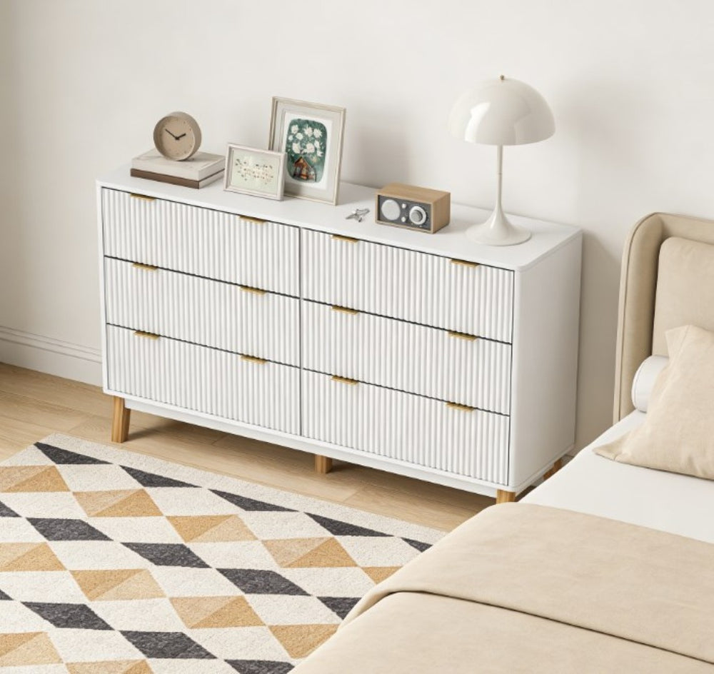 English Elm Closet Six Drawer Double Dresser with Fluted Fronts Gold Pulls and Rubberwood Legs T3971P431269