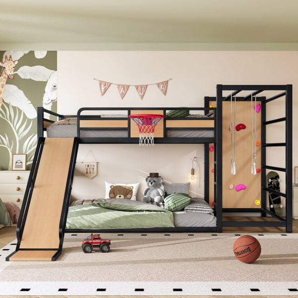 English Elm Twin Metal Loft Bed with Slide Basketball Hoop Climbing Wall and Built-in Shelves W1580S00632