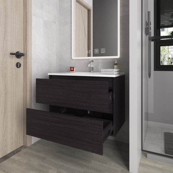 English Elm Smoot Wenge Floating Vanity with Sink and Two Soft-Close Drawers, Scratch-Resistant Modern Wall-Mount B128P314804