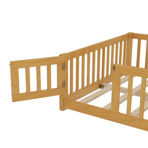 English Elm Full Floor Bed with Safety Guardrails and Play Door for Kids, Low Profile Pine Frame, 550lb Capacity Natural W1580P338952