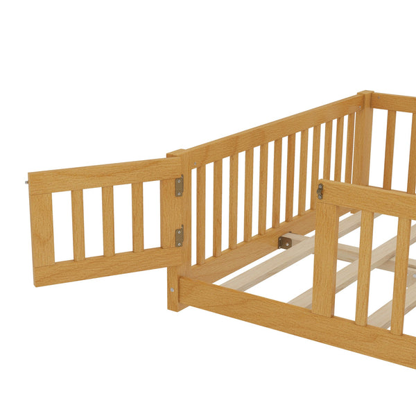 English Elm Full Floor Bed with Safety Guardrails and Play Door for Kids, Low Profile Pine Frame, 550lb Capacity Natural W1580P338952