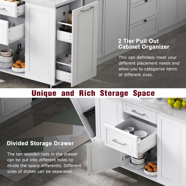 English Elm K&K Vintage Convex Kitchen Island Cart with Faux Marble Top, Tilt Trash, Pull-Out Organizer, Wheels Grey+Blue N707P299008G