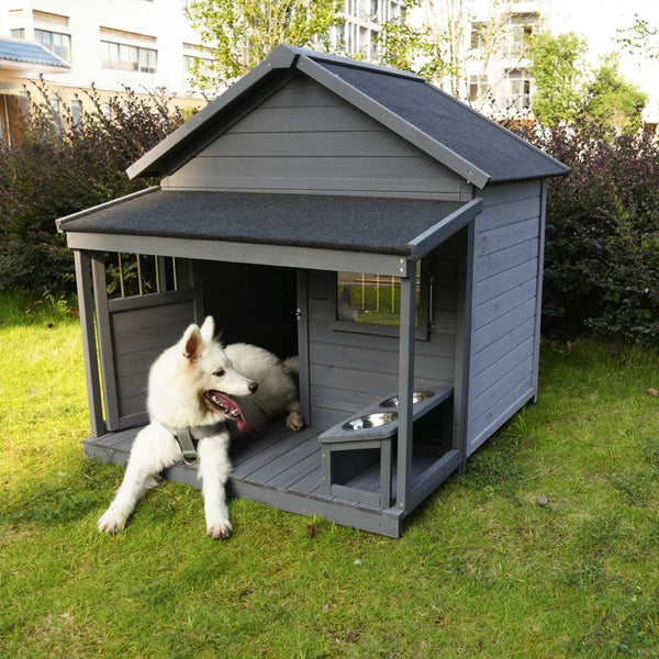 English Elm Large Breed Outdoor Doghouse Solid Fir Wood Covered Porch Weatherproof Asphalt Roof W1431S00004