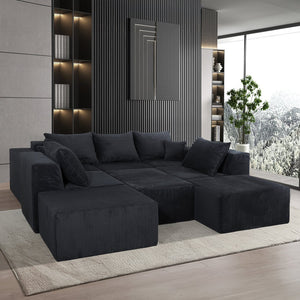English Elm 8-Piece Modular U-Shaped Sectional Sofa with Oversized Chaise and Bed, Corduroy Luxury, No Assembly Needed Black W3163S00042