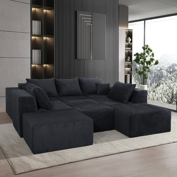 English Elm 8-Piece Modular U-Shaped Sectional Sofa with Oversized Chaise and Bed, Corduroy Luxury, No Assembly Needed Black W3163S00042
