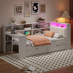 English Elm Wood Twin Size Platform Bed With Drawers, Charging Station, Led Light, Desk, & Upholstered Headboard N7090001046K-GIGA