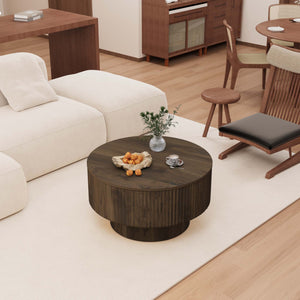 English Elm 29.53 Modern round coffee table and 2 PU dining chairs set with hidden storage and ergonomic comfort Beige,Walnut W2189S00765