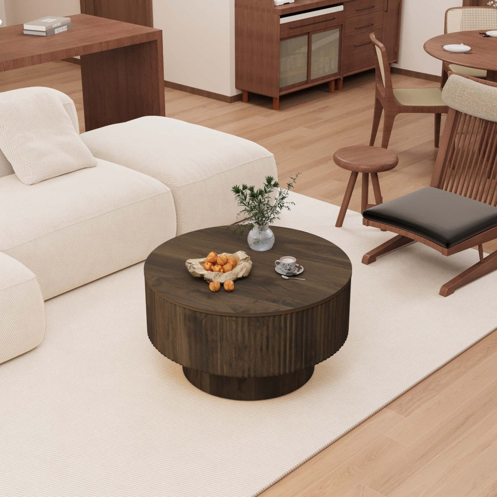 English Elm 29.53 Inch Round Mdf Coffee Table Sculptural Grooved Silhouette with Hidden Storage W2189P320663