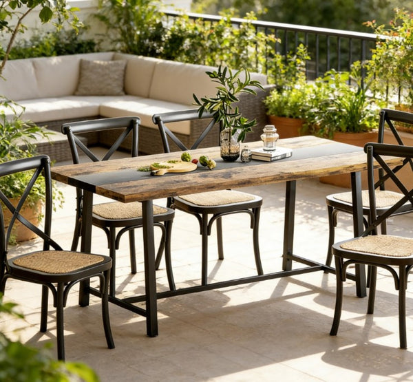 English Elm Long Industrial Dining Table Rustic Wood Grain Top Matte Black Steel Legs Seats Eight T3971P429517