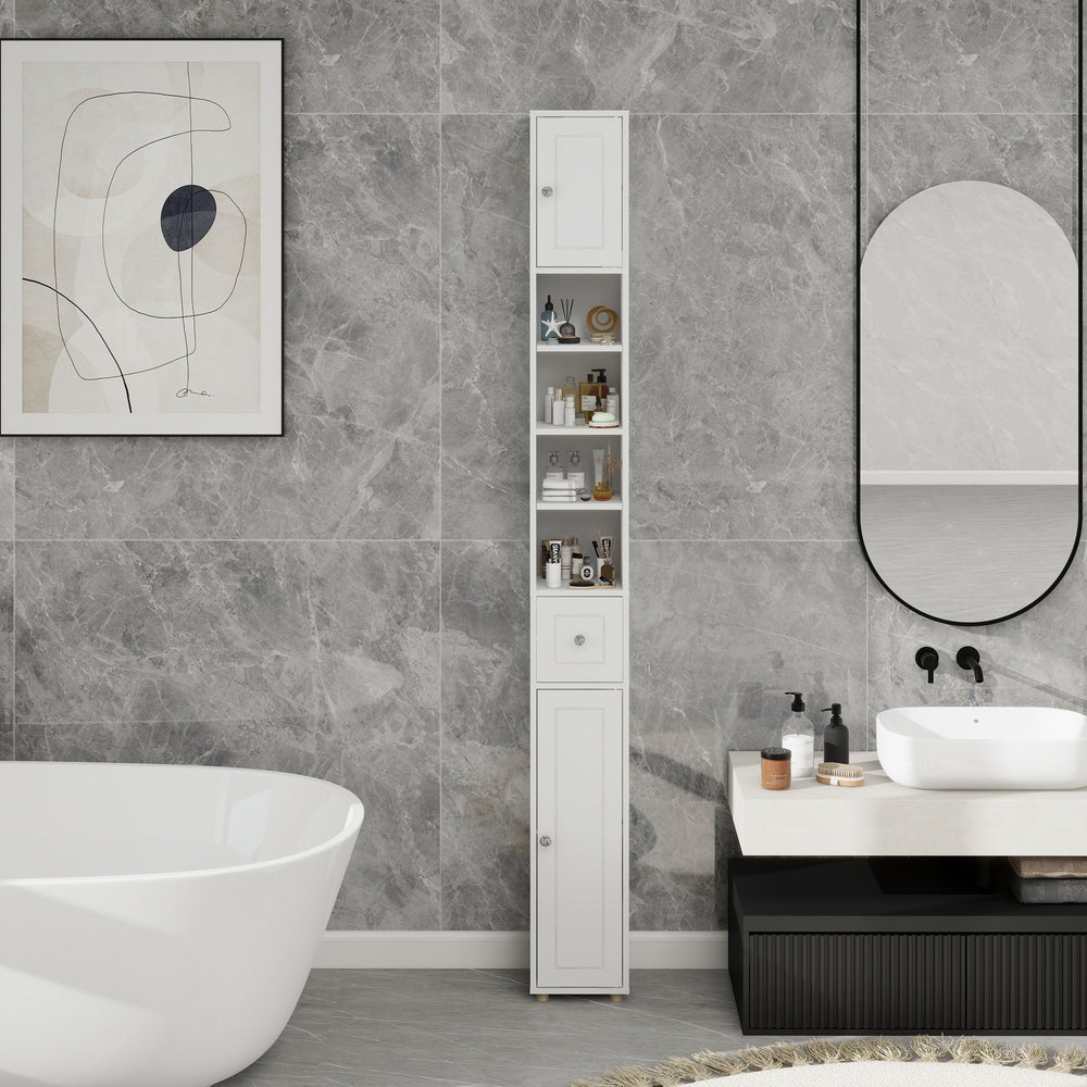 English Elm Tall Slim Bathroom Storage Cabinet 71" Freestanding White Organizer with Drawer, Doors & 4 Adjustable Shelves, UV Finish, Sturdy 50lb Load-Bearing (Assemble Required) W282P154459