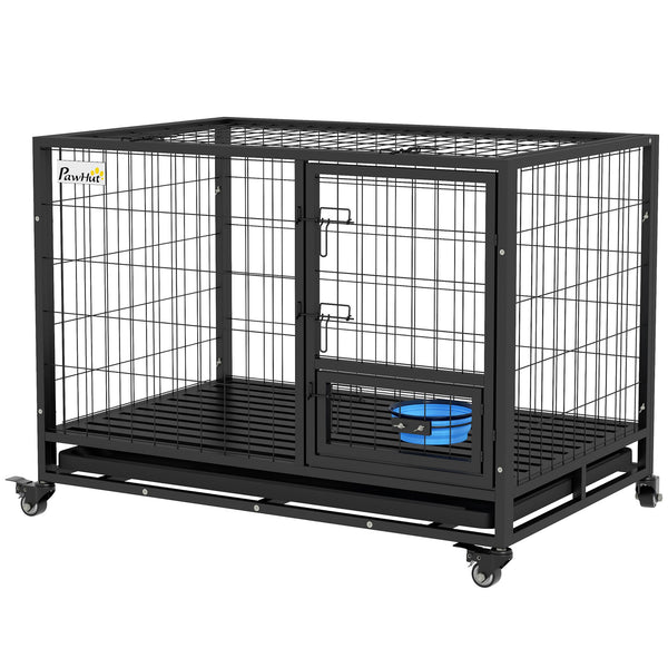 English Elm PawHut Heavy Duty 43" Steel Dog Crate with Wheels, Removable Tray, Top Access & Foldable Bowl Holder Black W2225P217150