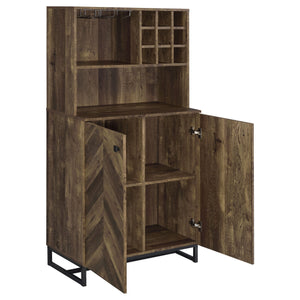 English Elm Harlie Rustic Oak Herringbone Wine Cabinet with Black Metal Accents, Glassware Storage, 62.5"H B062P351439