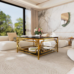 English Elm Square Glass Coffee Table 33.5" — Modern Tempered Glass Top with Gold Geometric Metal Frame & Shelf Black N735P326510B