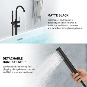 English Elm Floor Mount freestanding bathtub faucet with matte black finish, high-flow single-handle tub filler with handheld shower and 360° swivel spout, durable stainless steel and brass construction Matt Black T3177P277532