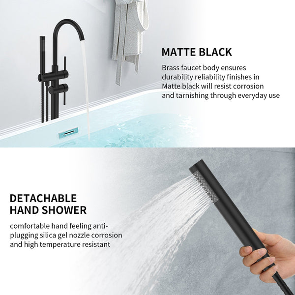 English Elm Floor Mount freestanding bathtub faucet with matte black finish, high-flow single-handle tub filler with handheld shower and 360° swivel spout, durable stainless steel and brass construction Matt Black T3177P277532
