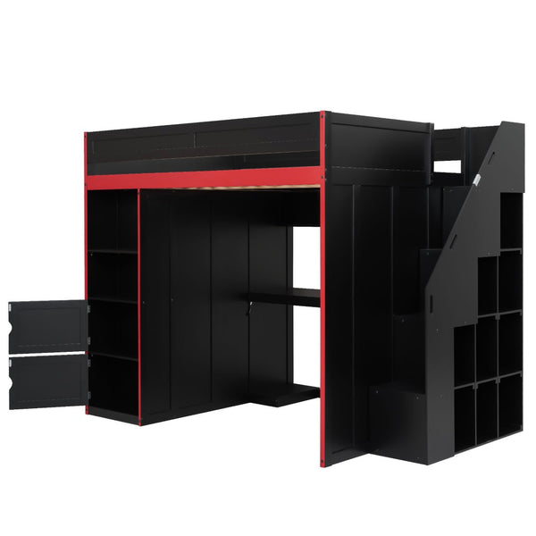 English Elm Gaming Full Loft Bed with Built-in Desk Led Lights and Storage for Teen Rooms N709P004103J